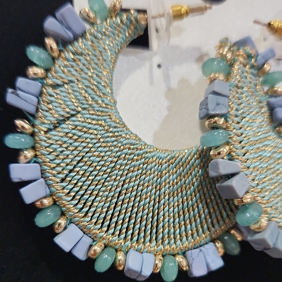 🔹️Natasha🔹️ Couture Aqua and Gray Beaded Hoop Earrings - Picture 3 of 5